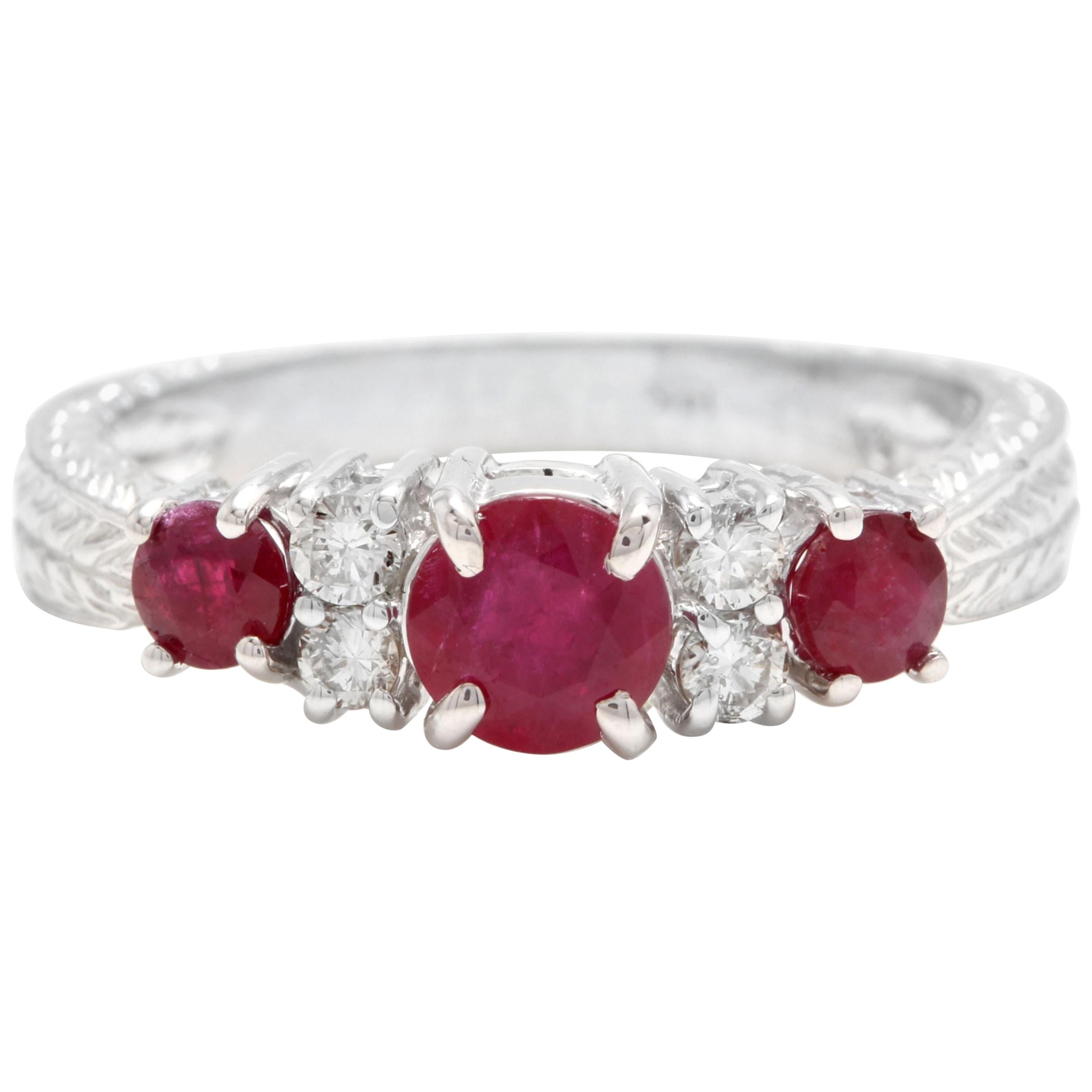 1.70 Ct Impressive Natural Untreated Ruby & Natural Diamond 14K White Gold Ring For Sale