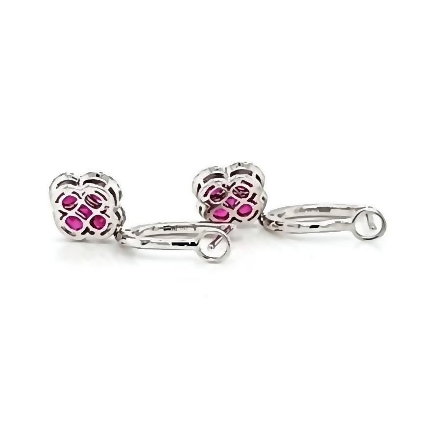 1.70 CT Natural Ruby 0.44CT Diamonds 18K White Gold Four Leaf Clover Earrings In Excellent Condition For Sale In Los Angeles, CA