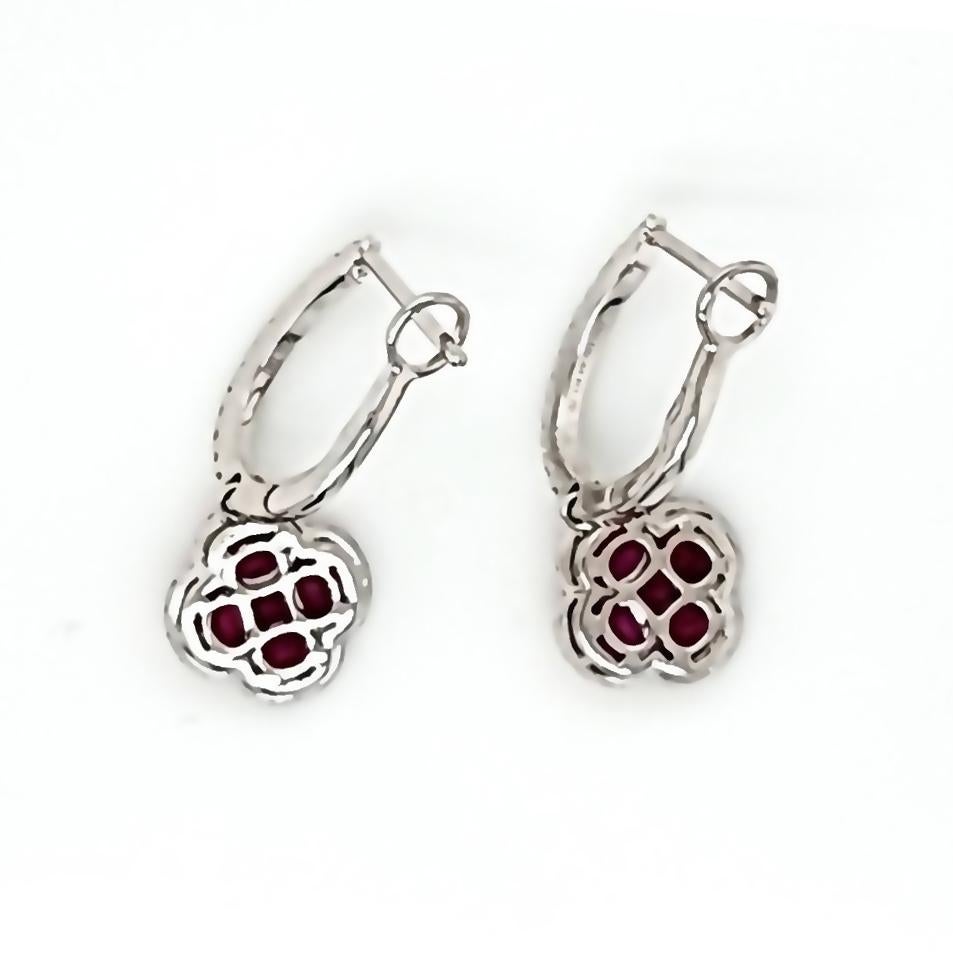 Women's or Men's 1.70 CT Natural Ruby 0.44CT Diamonds 18K White Gold Four Leaf Clover Earrings For Sale