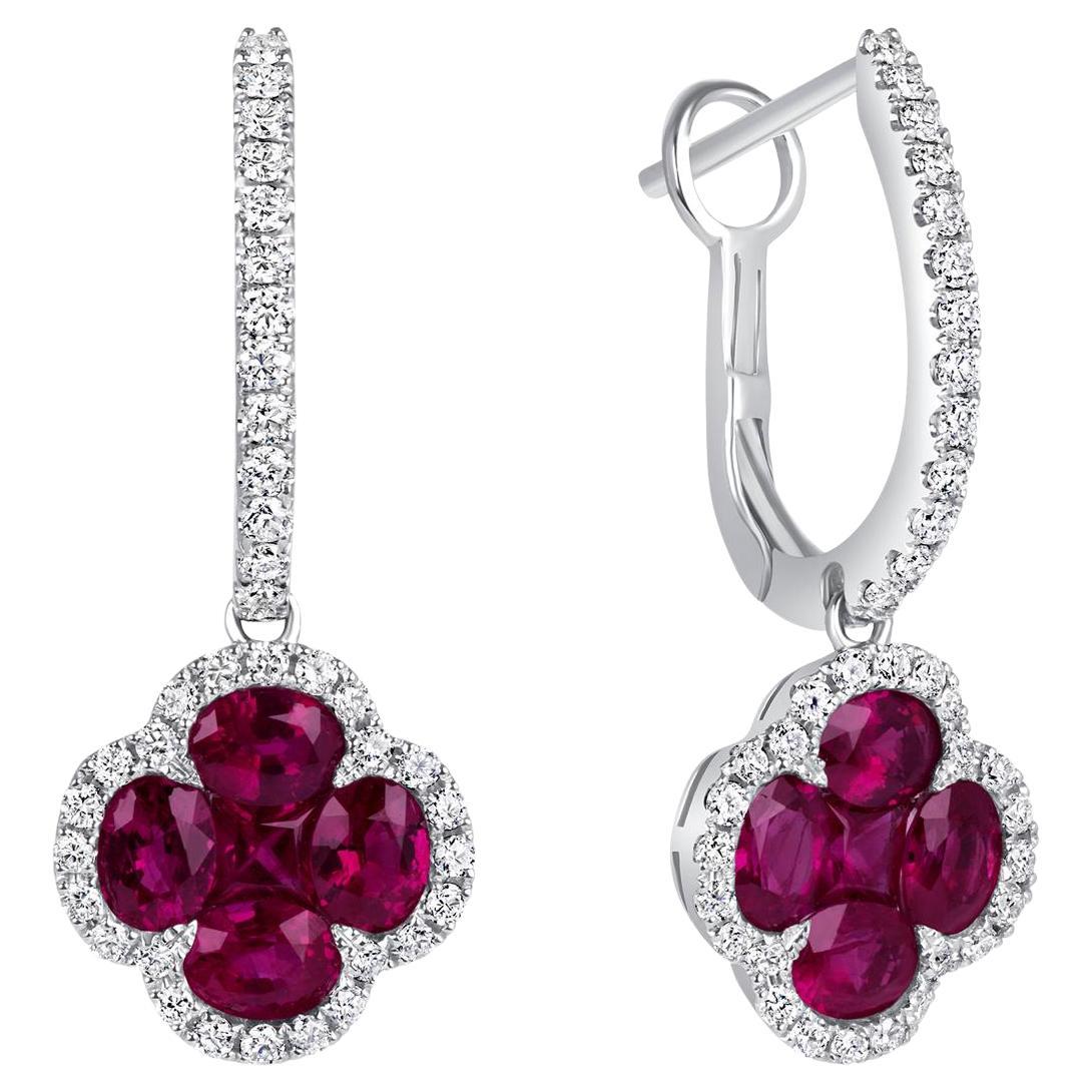 1.70 CT Natural Ruby 0.44CT Diamonds 18K White Gold Four Leaf Clover Earrings For Sale