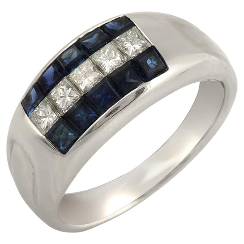 1.70 CT Sapphire & 0.52 CT Diamonds Invisible Set 18K White Gold Band Ring For Sale