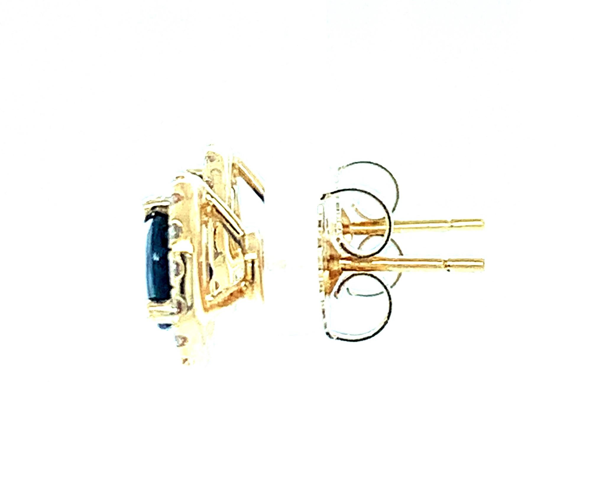 Artisan  Blue Sapphire and Diamond Halo Round Stud Earrings in 18K Yellow Gold For Sale