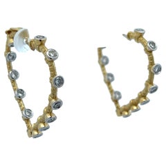 1.70 CTW Bezel Set Diamond 18 Karat Yellow Gold Heart Hoop Modern Earrings