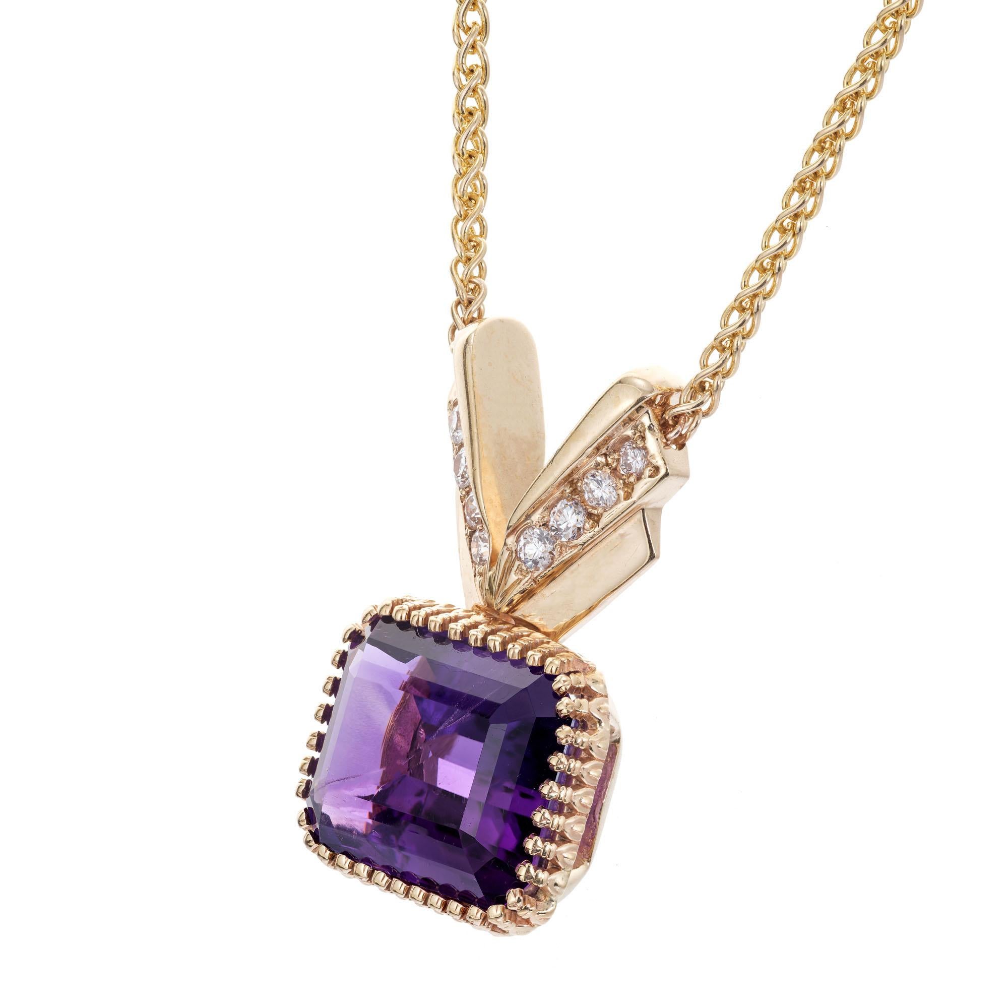 Deep bright purple Amethyst and diamond pendant necklace. Emerald cut amethyst set in 14k yellow gold with 8 round accent diamonds. 20 inch wheat chain. 

1 emerald cut Amethyst approx. total weight 17.00cts
8 round diamonds approx. total weight
