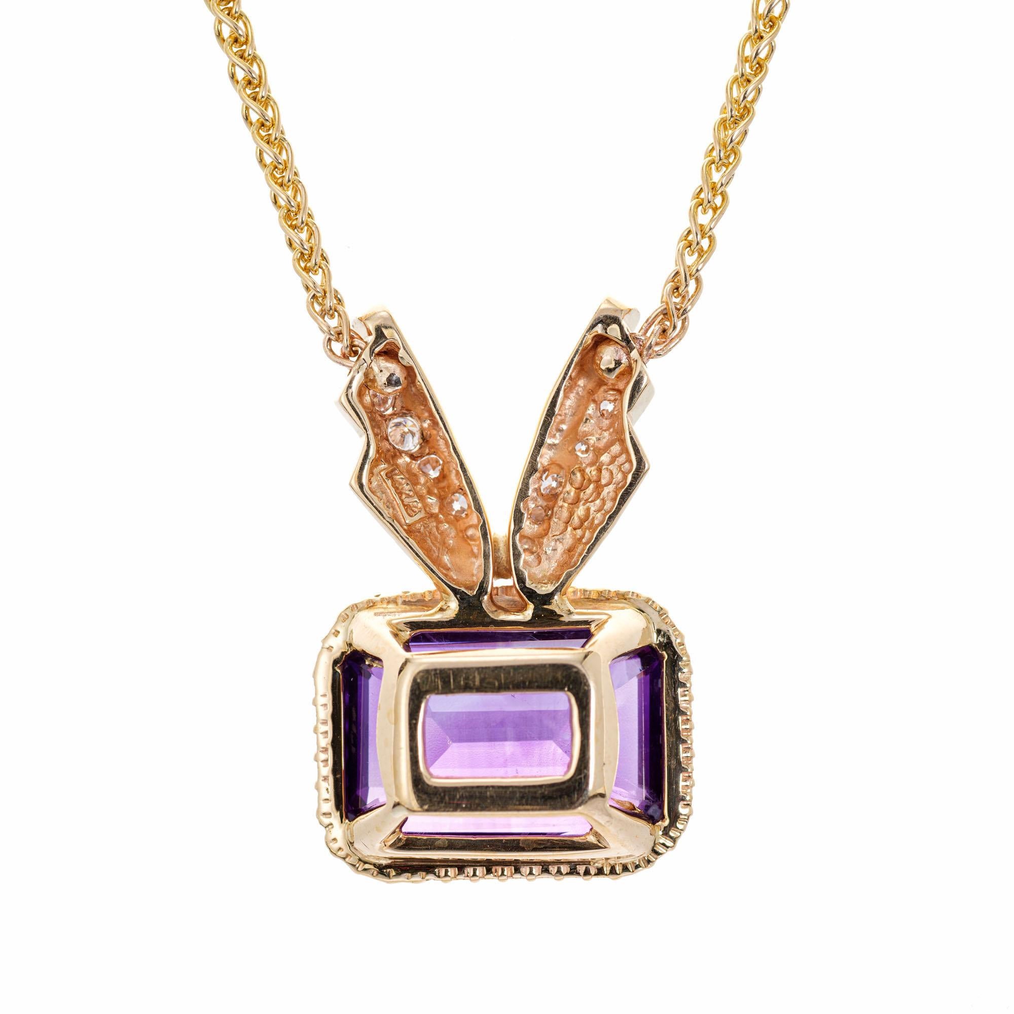 Square Cut 17.00 Carat Amethyst Diamond Gold Pendant Necklace For Sale