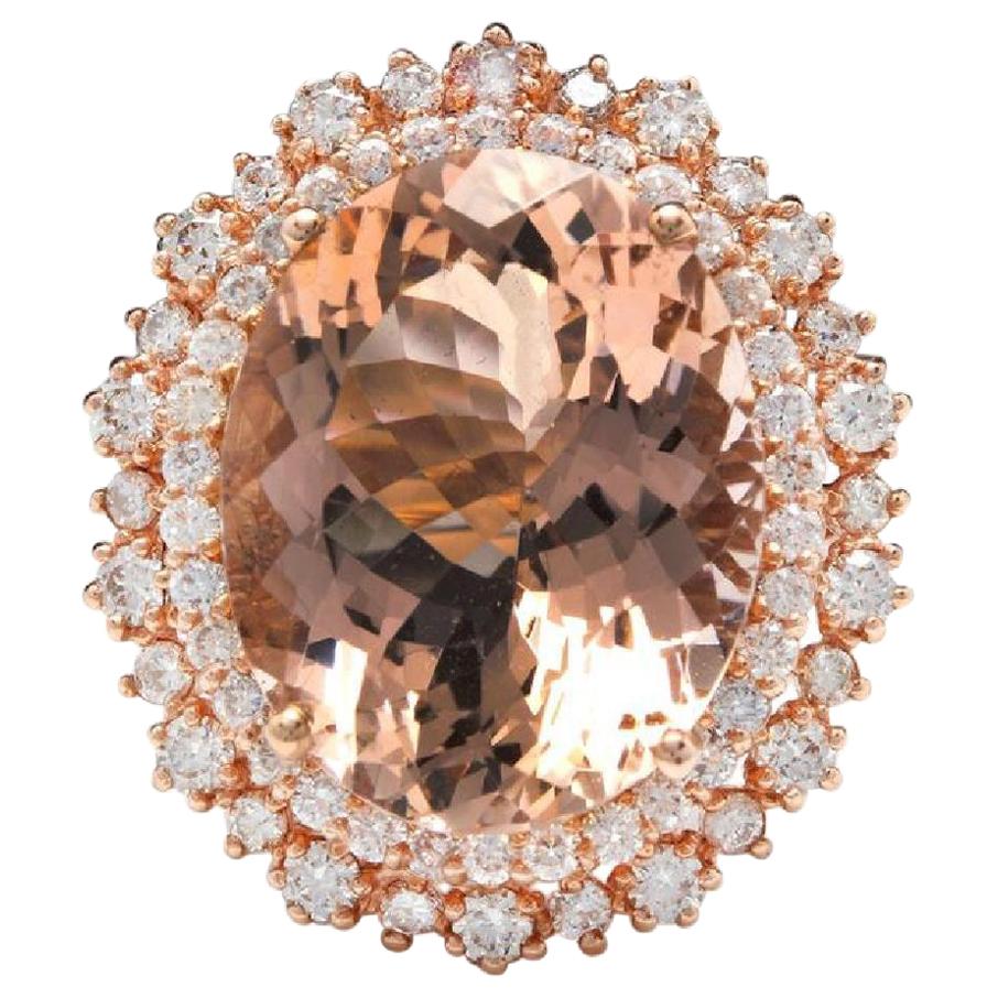 17.00 Carat Exquisite Natural Morganite and Diamond 14 Karat Solid Gold Ring For Sale