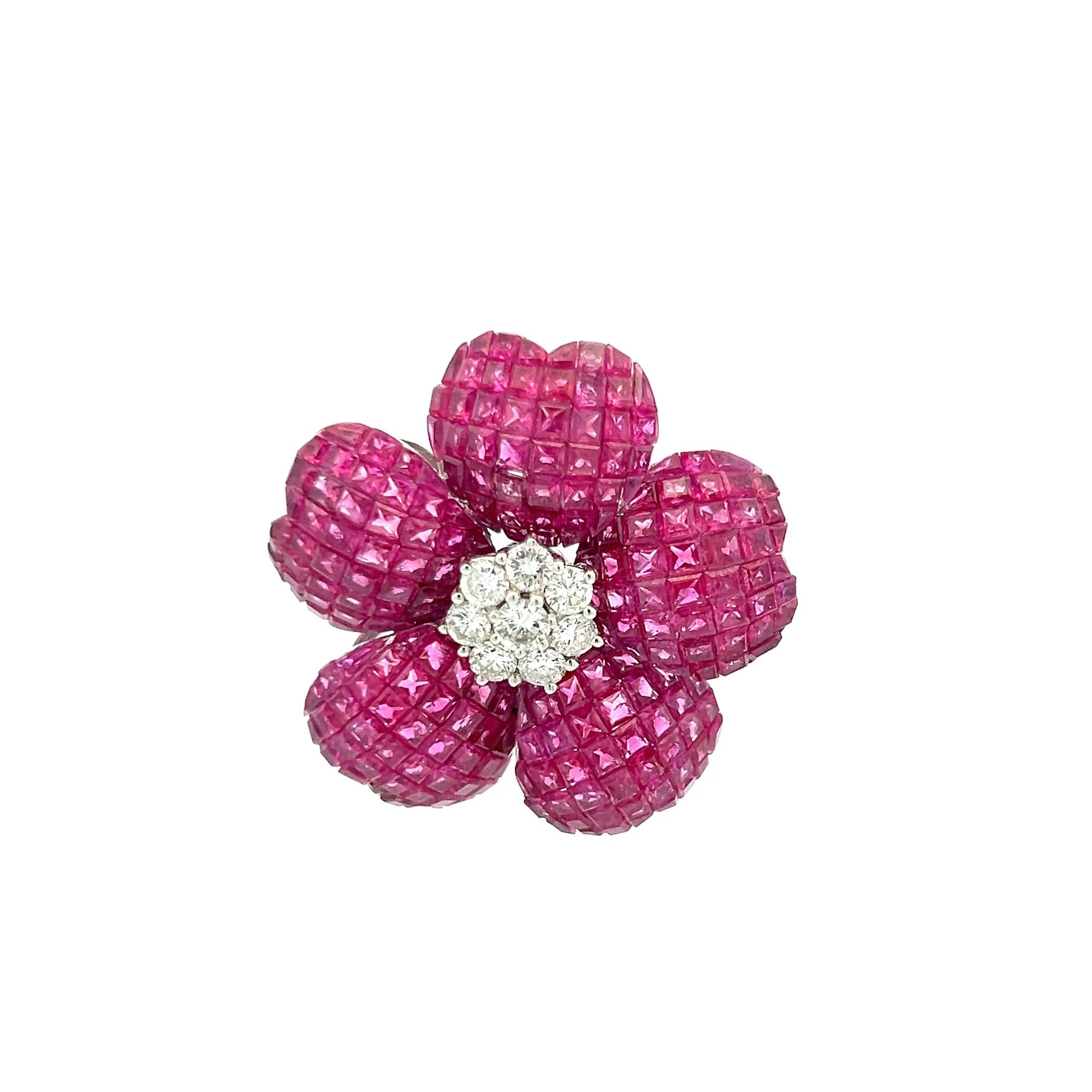 Women's 17.00 Carat Ruby 1.25 Carat Round Brilliant H VS Diamond 18 Karat White Gold Pin For Sale