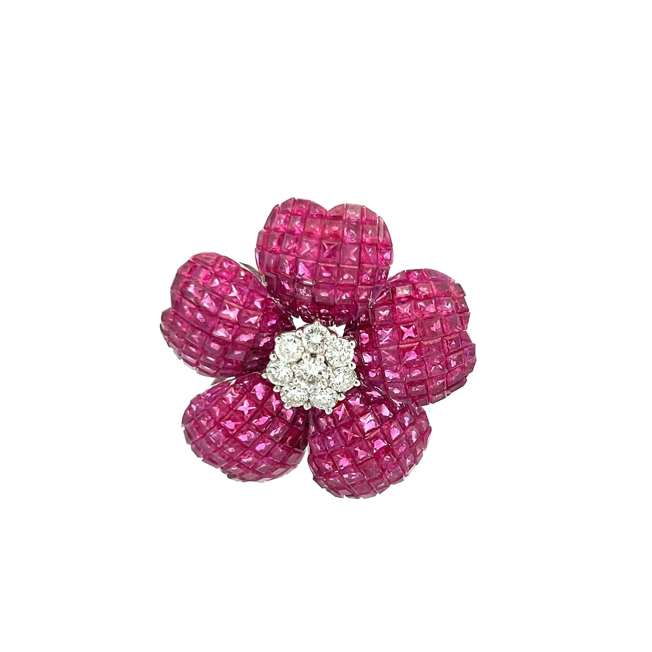 17.00 Carat Ruby 1.25 Carat Round Brilliant H VS Diamond 18 Karat White Gold Pin