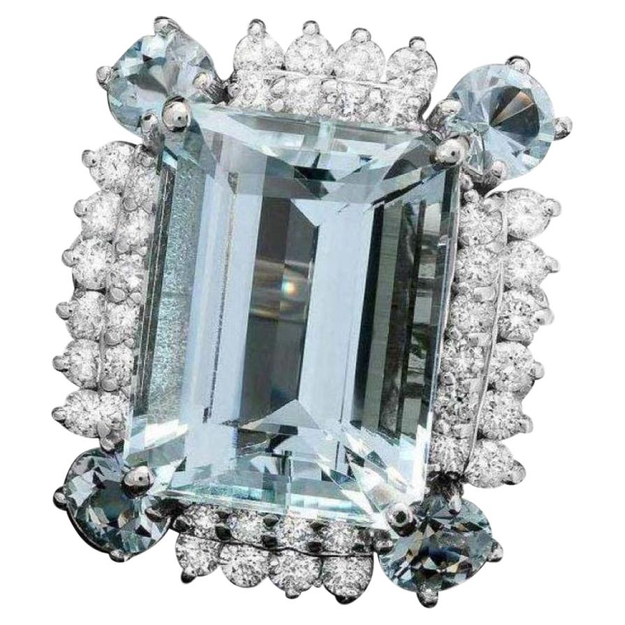 17.00 Carats Natural Aquamarine and Diamond 14k Solid White Gold Ring