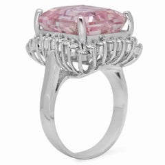 17.00 Carats Natural Kunzite and Diamond 14K Solid White Gold Ring