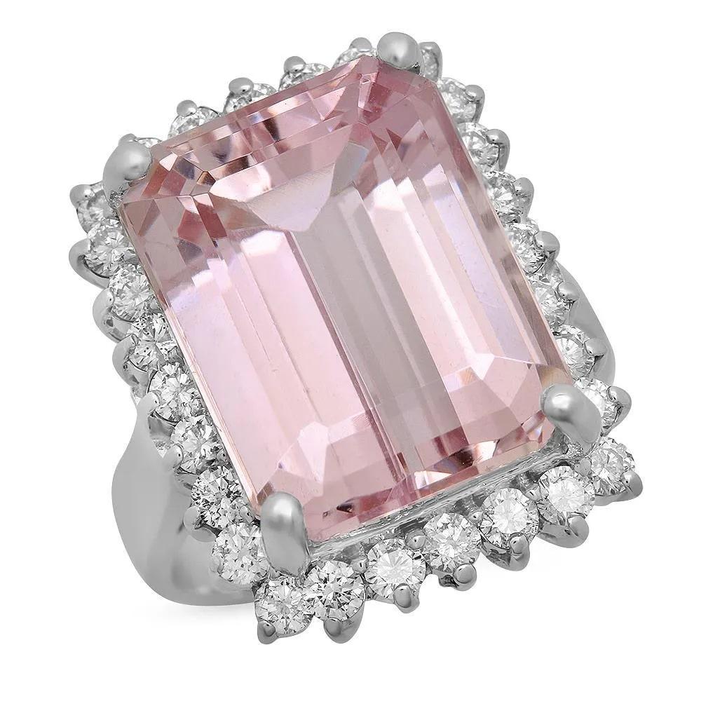 Mixed Cut 17.00 Carats Natural Kunzite and Diamond 14K Solid White Gold Ring For Sale
