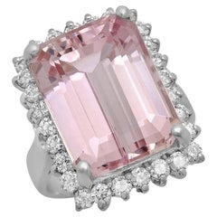 17.00 Carats Natural Kunzite and Diamond 14K Solid White Gold Ring