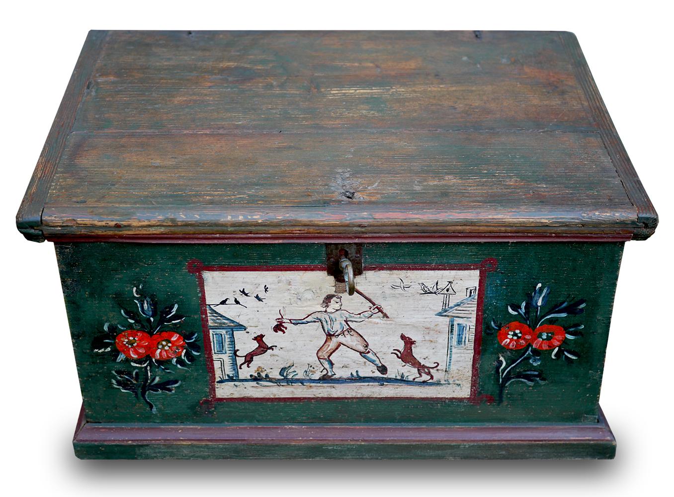 Small alpine painted blanket chest
 
Measures: H.36cm, L.63cm, P.31cm

Small and rare Tyrolean (Northern Italy) chest, made of fir wood, decorated with motifs depicting rural scenes. The particularly small dimensions make this chest a sought