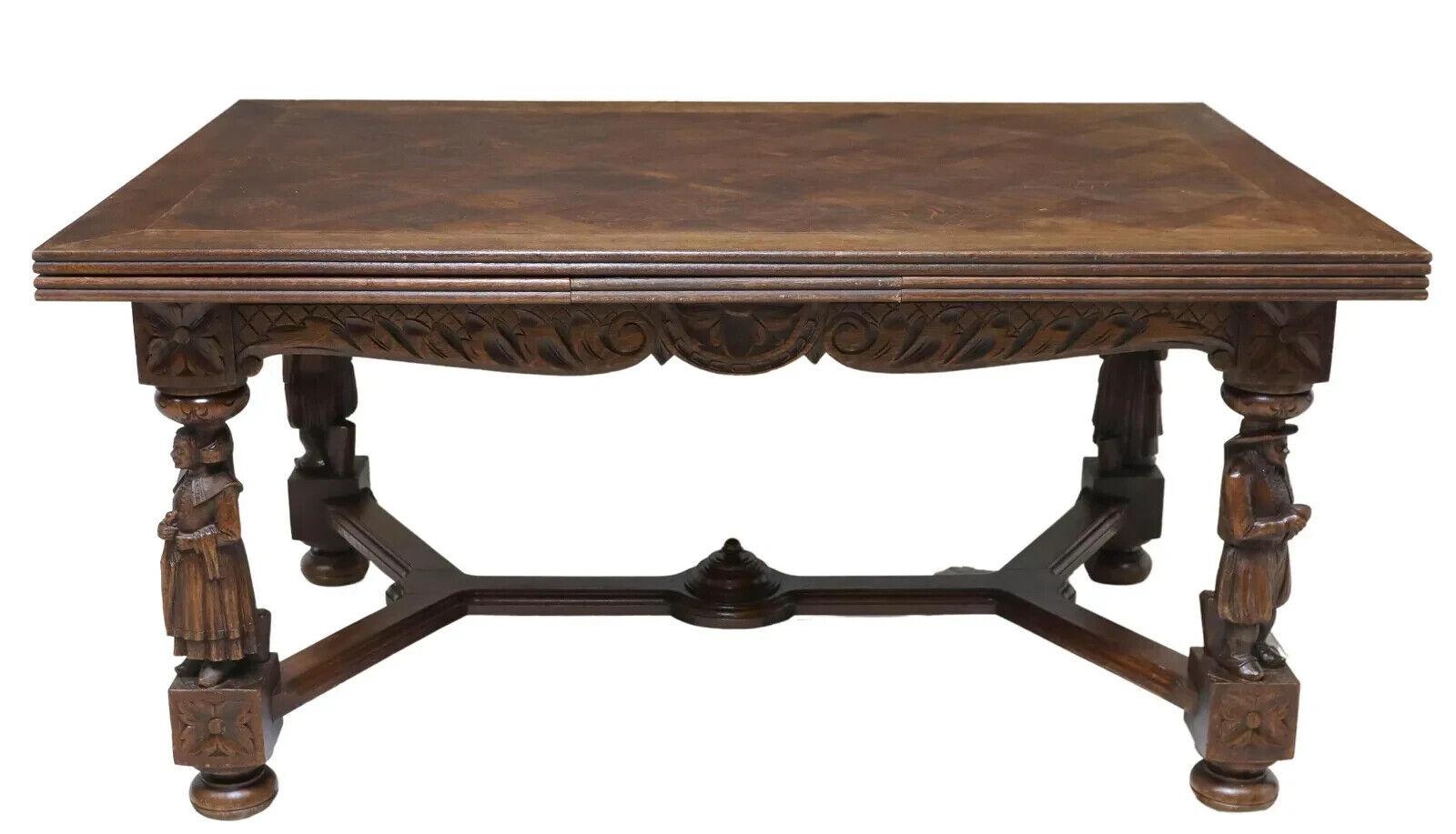 Gorgeous Antique Draw Leaf Table, French Breton, Figural, Carved, Oak, 18th / 19th Century, 1700s / 1800s!!
See also matching sideboard and chairs!!  (discount available when buying all as a set)

French oak draw-leaf table, Brittany, early 20th c.,