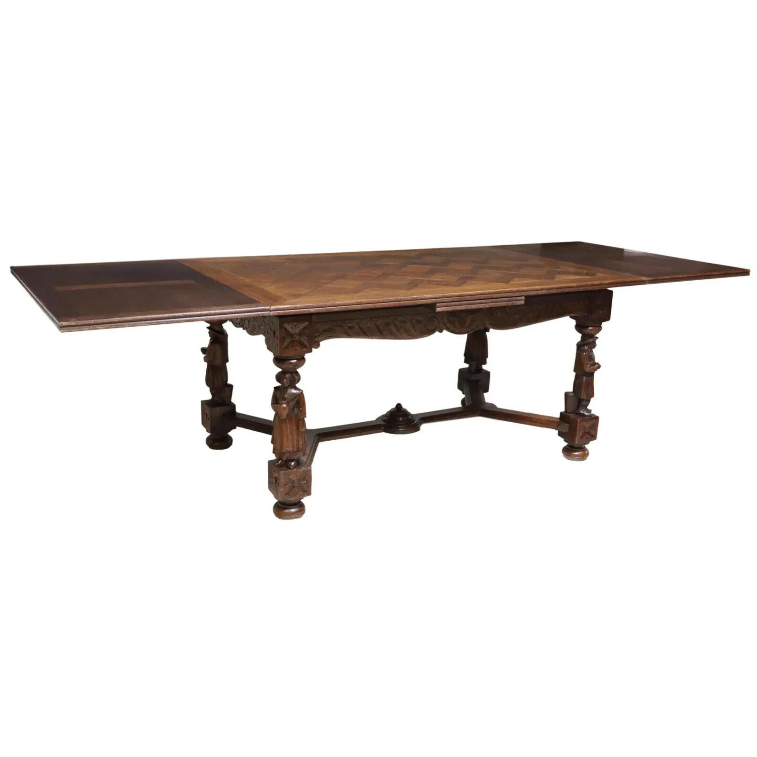   1700s / 1800s   Antique French Breton, Figural, Carved, Oak, Draw Leaf Table In Good Condition For Sale In Austin, TX