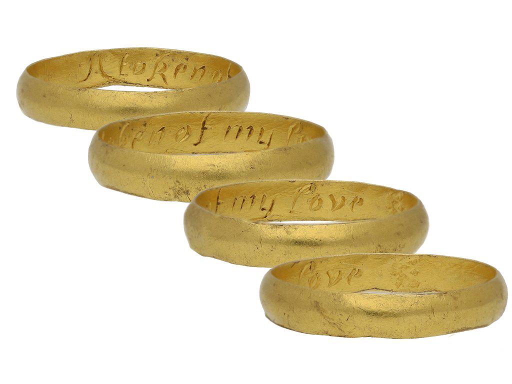 Gold posy ring, 'A token of my love'. A smoothly conforming yellow gold D-shape band, engraved to the interior in italic script 'A token of my love', approximately 3mm in width, approximately 2.68g in weight. Tested yellow gold, indistinct maker's