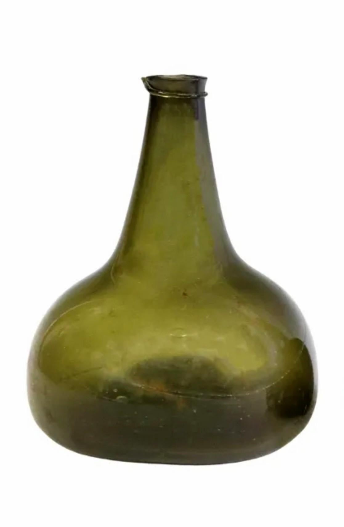 Baroque 1700s Antique Dutch Blown Olive Glass Kattekop Onion Form Wine Bottle Pair