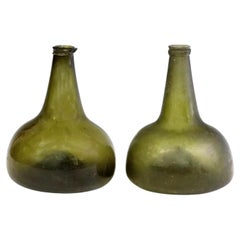 1700s Antique Dutch Blown Olive Glass Kattekop Onion Form Wine Bottle Pair