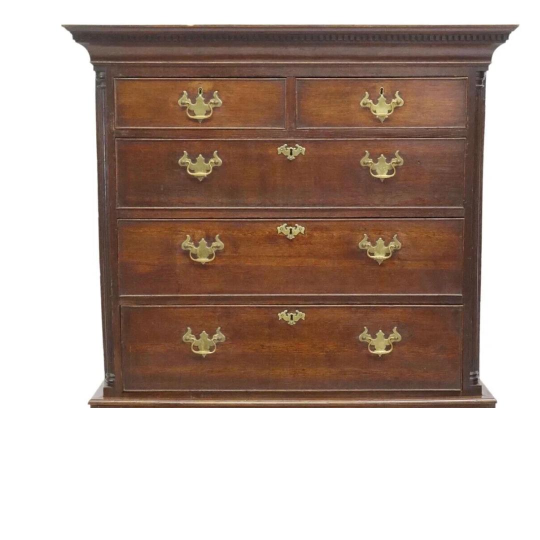 Wood 1700s Antique English Georgian Period, Oak, Cornice, 8 Drawers, Chest-on-chest! For Sale