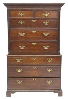 1700's Antique English, Georgian Period, Oak, Cornice, 8 Drawers, Chest-on-Chest