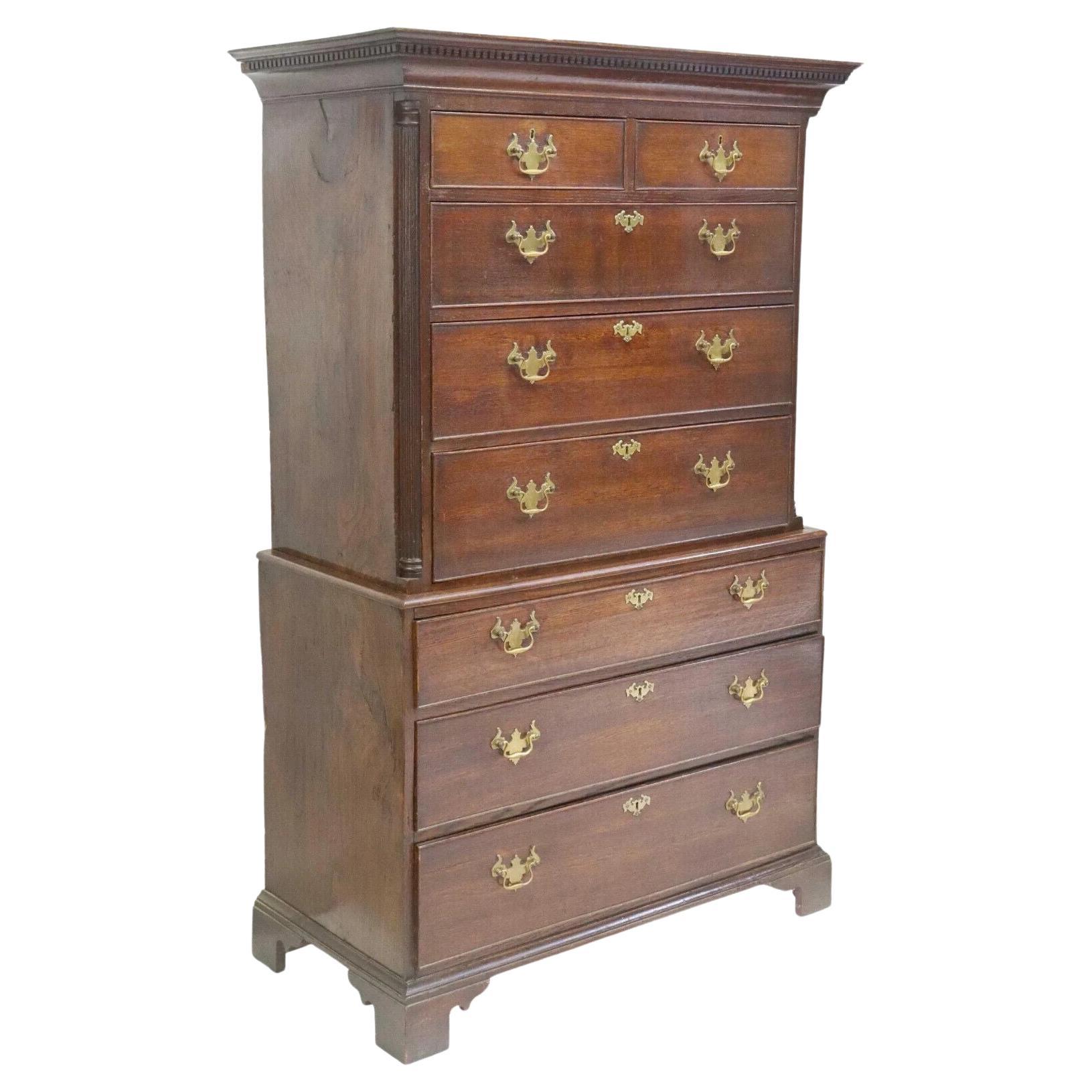 1700s Antique English Georgian Period, Oak, Cornice, 8 Drawers, Chest-on-chest! For Sale