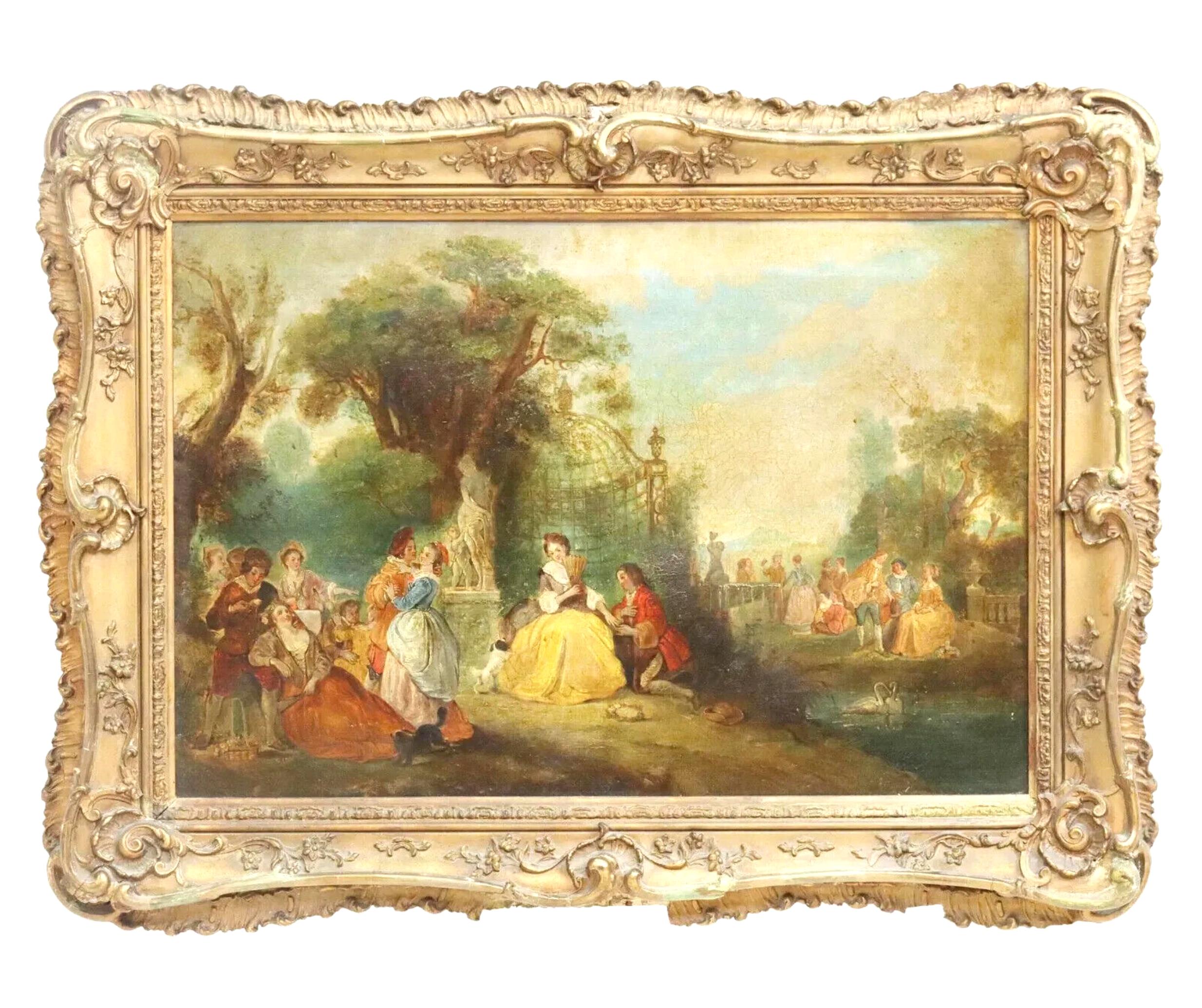 Gorgeous Antique Painting, Oil, French School, Fete Champetre, Gold Frame,  18th C, 1700s with Beautiful Colors!!

Framed oil on canvas painting, Fete Champetre, follower of Jean-Baptiste Pater (French, 1695-1736), sight: approx 22.5