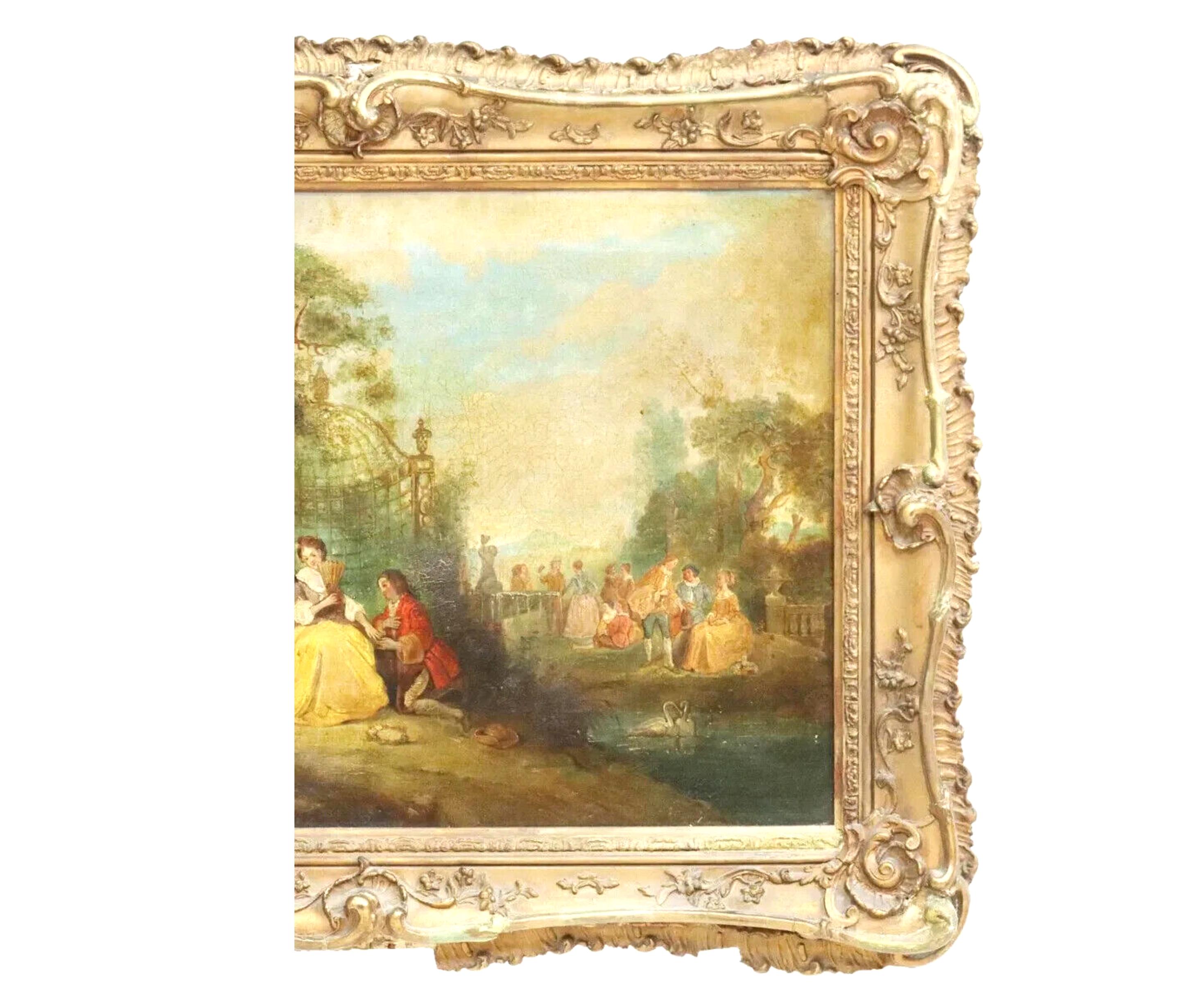 Hand-Painted 1700's Antique French School, Fete Champetre, Gold Frame OIl Painting For Sale