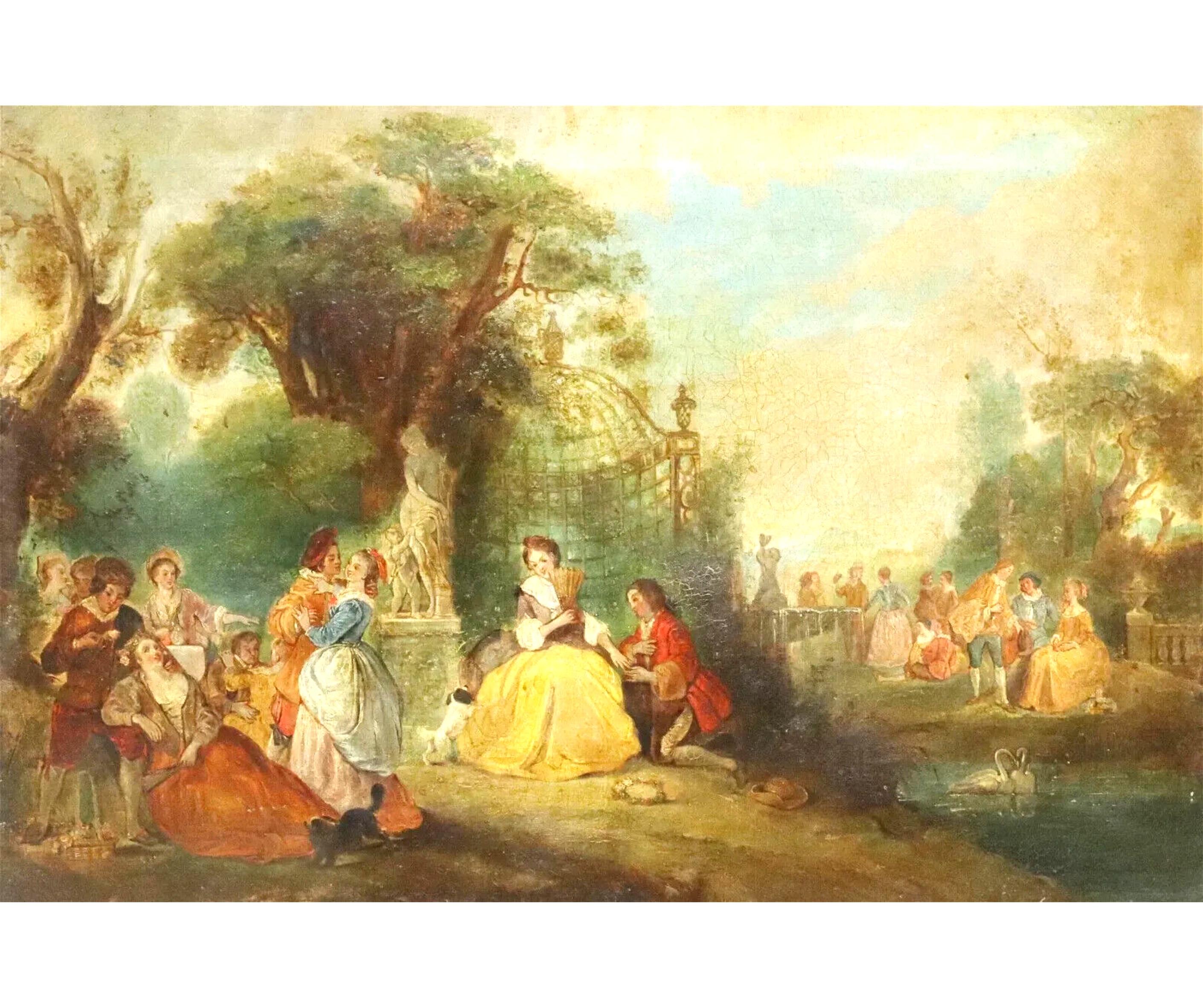 1700's Antique French School, Fete Champetre, Gold Frame OIl Painting In Good Condition For Sale In Austin, TX