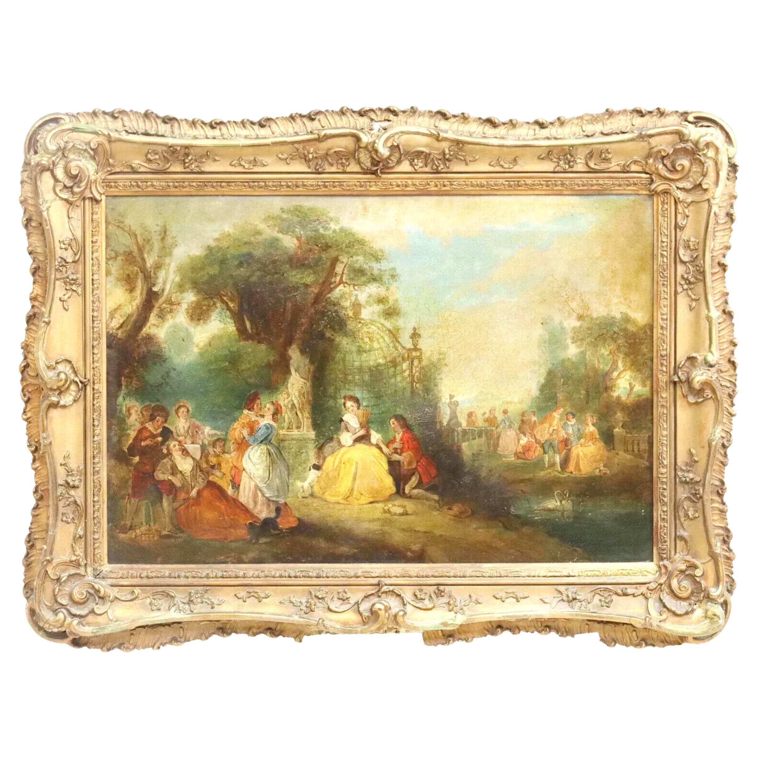 1700's Antique French School, Fete Champetre, Gold Frame OIl Painting For Sale