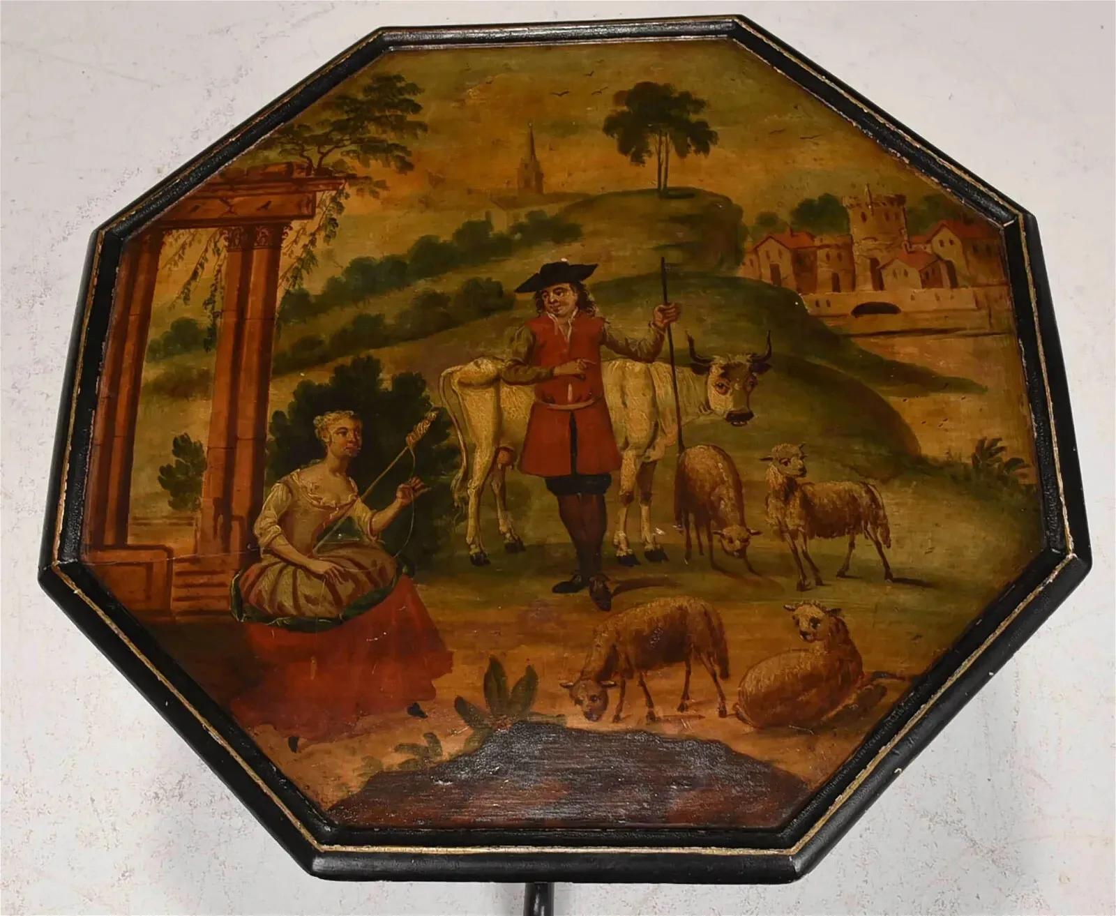 British 1700's Antique George III Style, Paint Decorated, OctagonalTea, Tilt Top Table!! For Sale