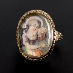 1700s Antique Georgian Era Miniature Ring, Handmade Painting Girl with Bird Cage