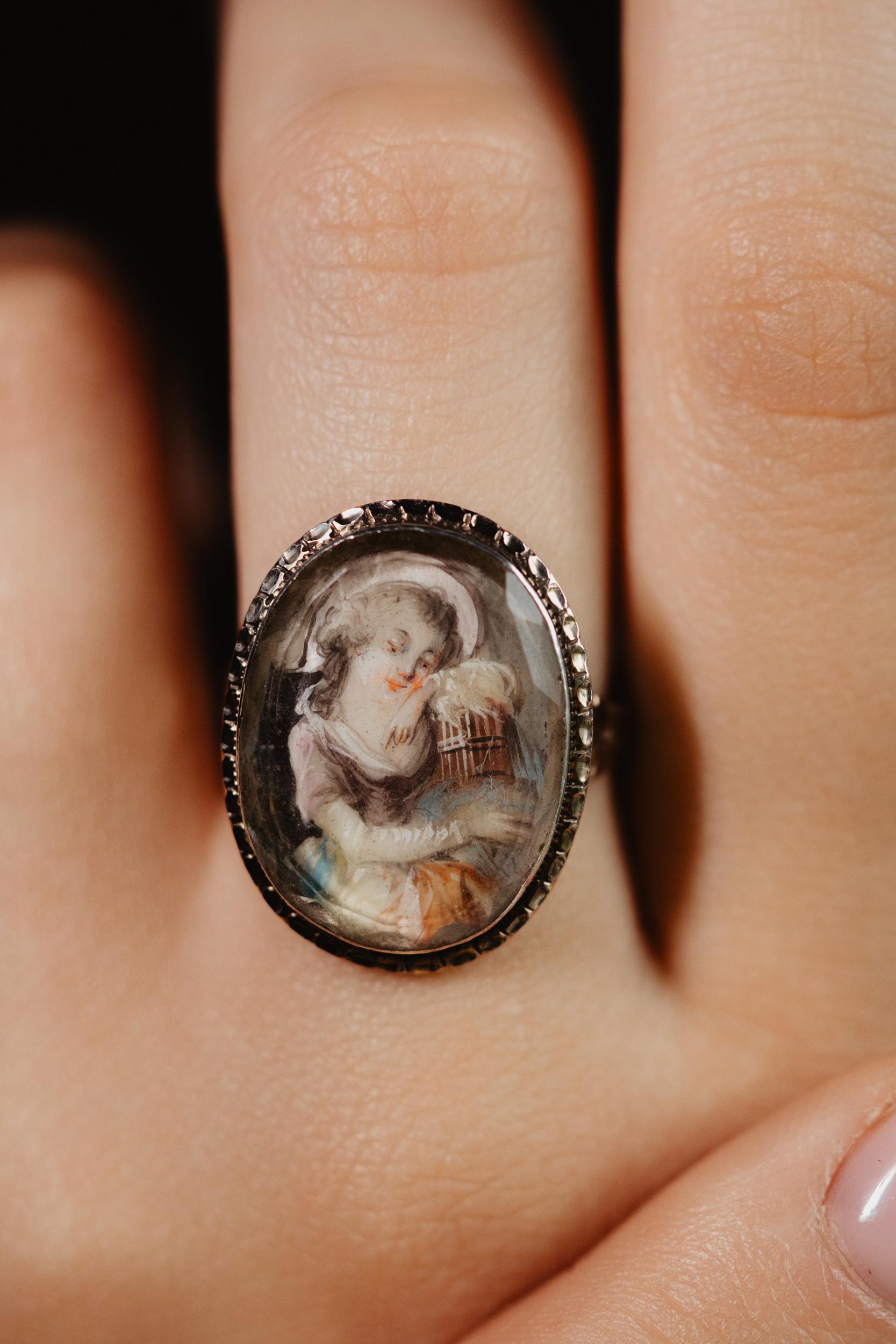 Oval Cut 1700s Antique Georgian Era Miniature Ring, Handmade Painting Girl with Bird Cage For Sale