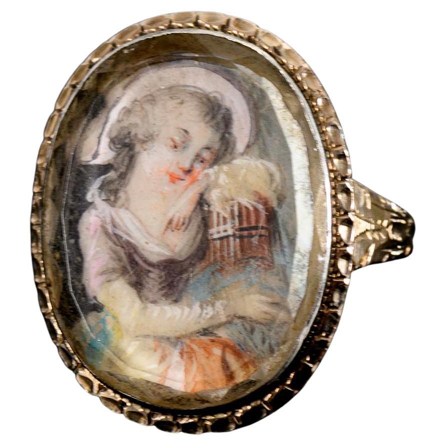 1700s Antique Georgian Era Miniature Ring, Handmade Painting Girl with Bird Cage For Sale
