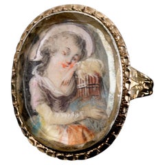 1700s Antique Georgian Era Miniature Ring, Handmade Painting Girl with Bird Cage