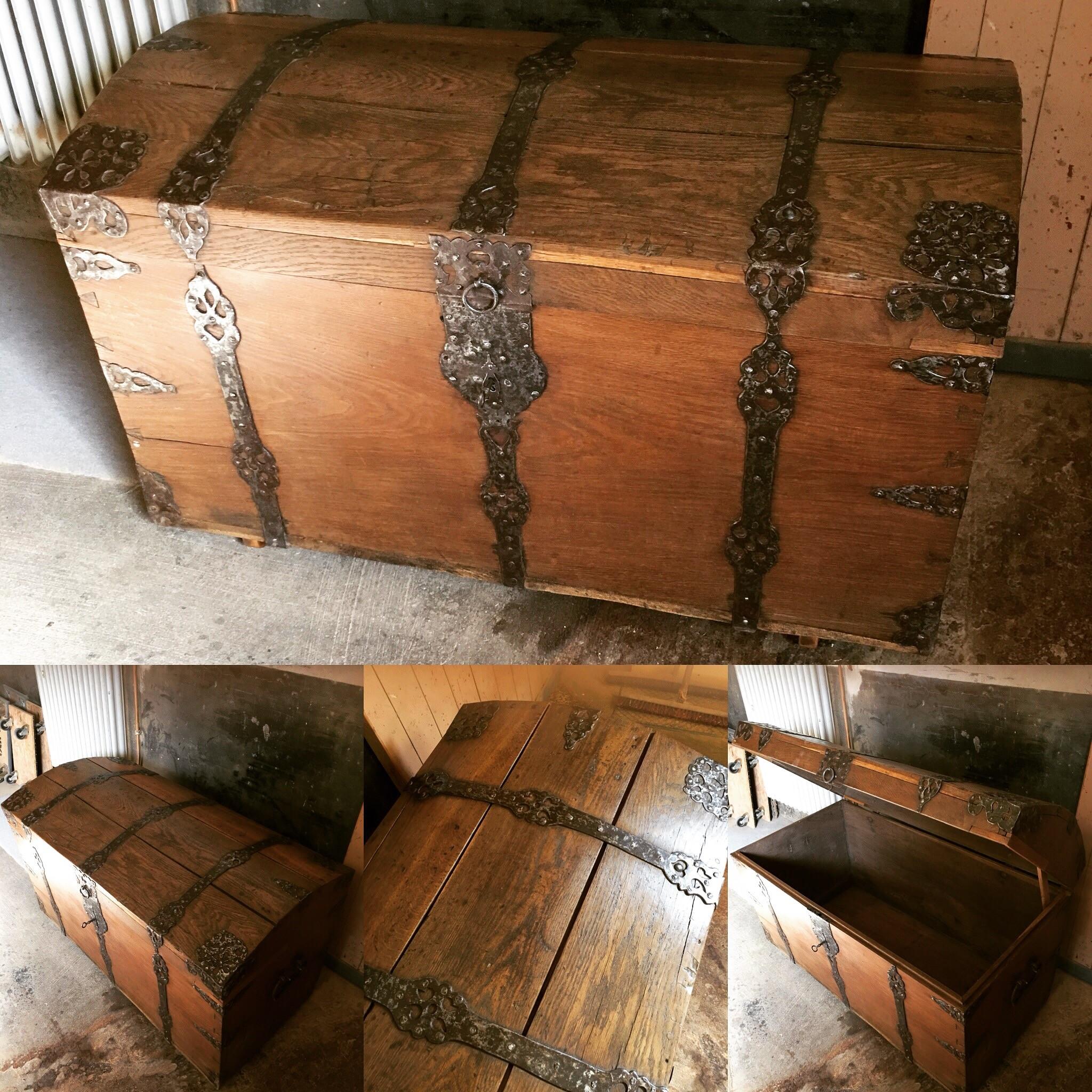 18th Century and Earlier 1700s Barock Round Lid Oak Wood Chest with Iron Decorations from Germany For Sale
