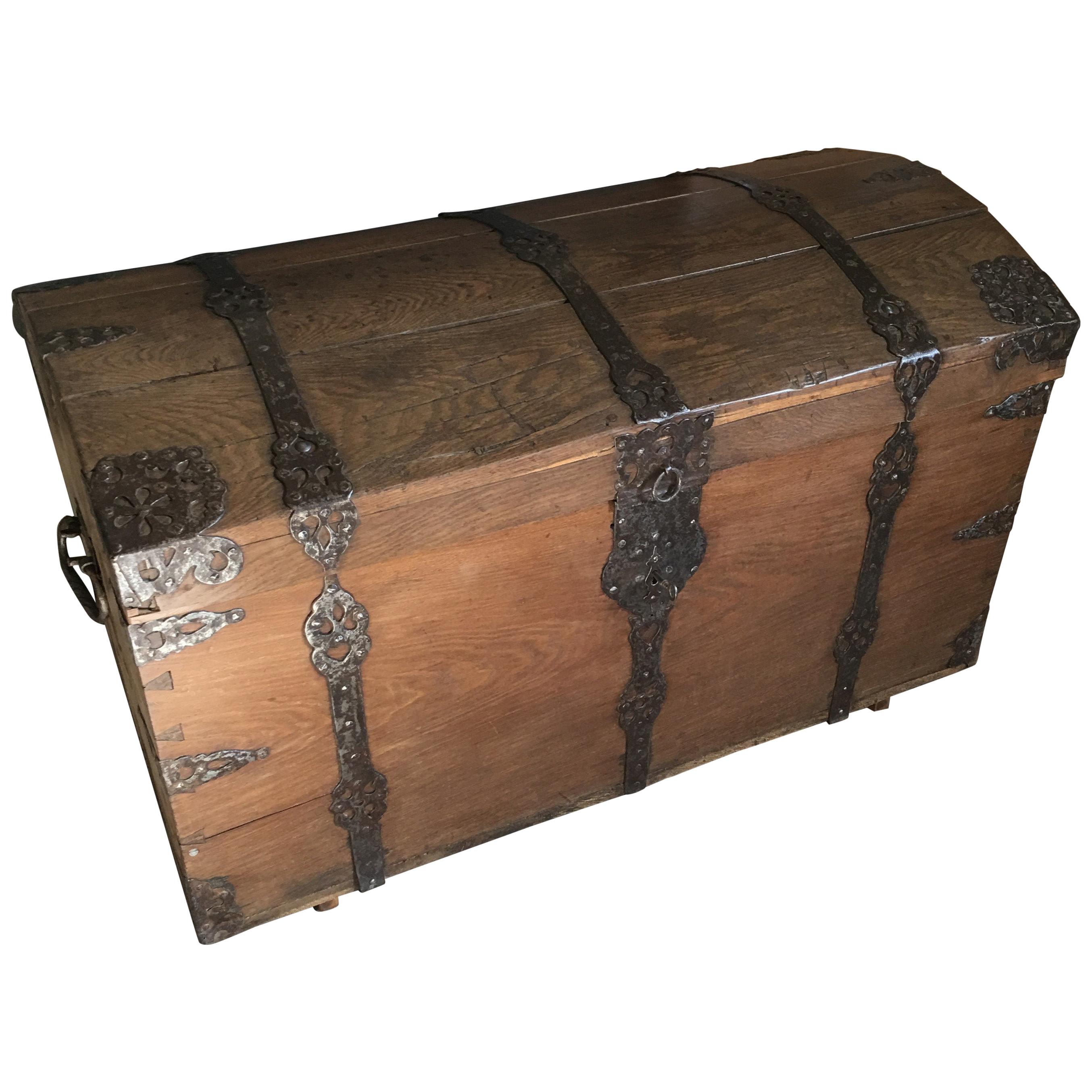 1700s Barock Round Lid Oak Wood Chest with Iron Decorations from Germany For Sale