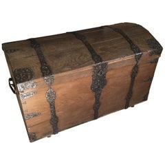 1700s Barock Round Lid Oak Wood Chest with Iron Decorations from Germany