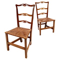 1700's Chippendale Style Country Ladder Ribbon-Back Maple Side Chairs, Pair
