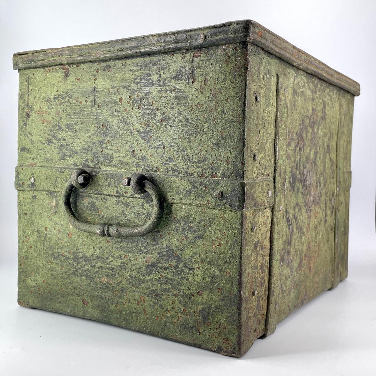 Hand Wrought Lock Box.  Beautiful patina.  Painted inside with date, which is after the original creation date. 

Box W 13.25 x D 10 x H 10 in.
Key L 4 in.
