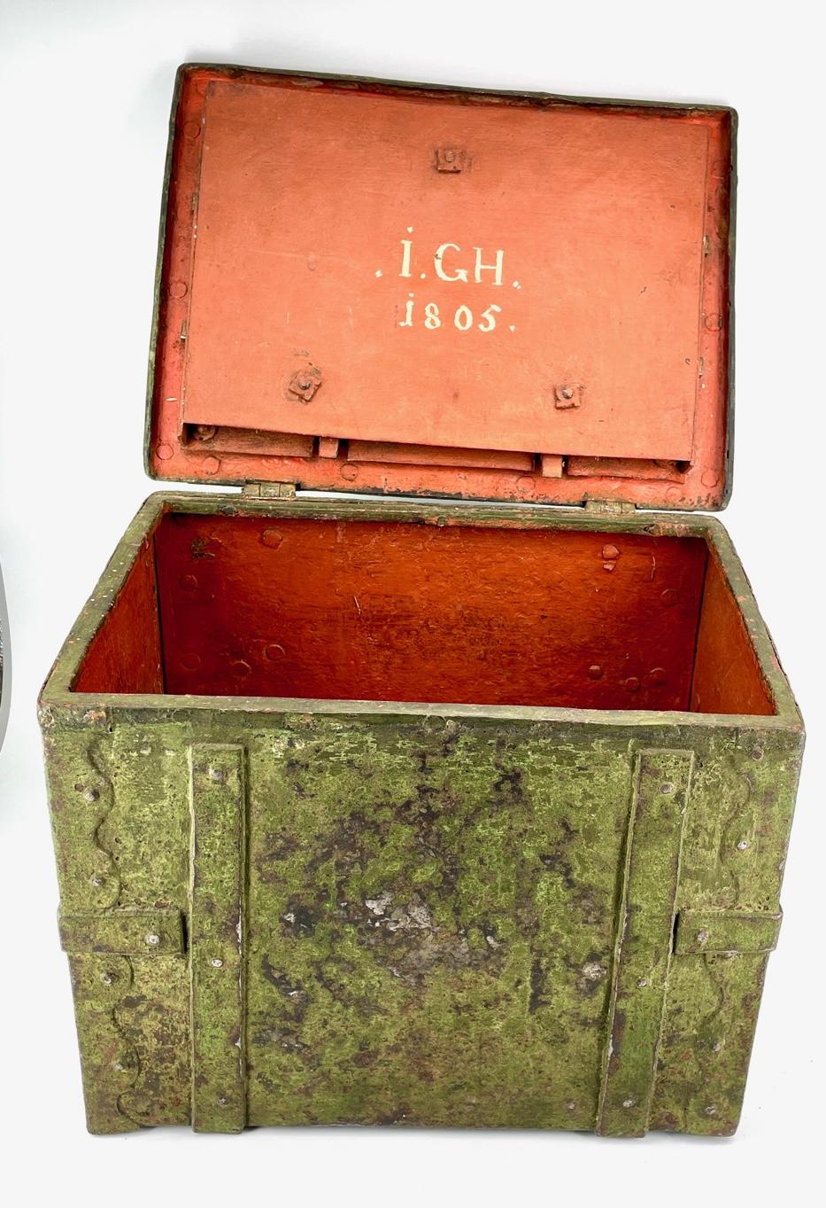 Hand-Crafted 1700s Colonial Hand-Forged Strongbox Verdigris Green Jewelry Table Chest Safe For Sale