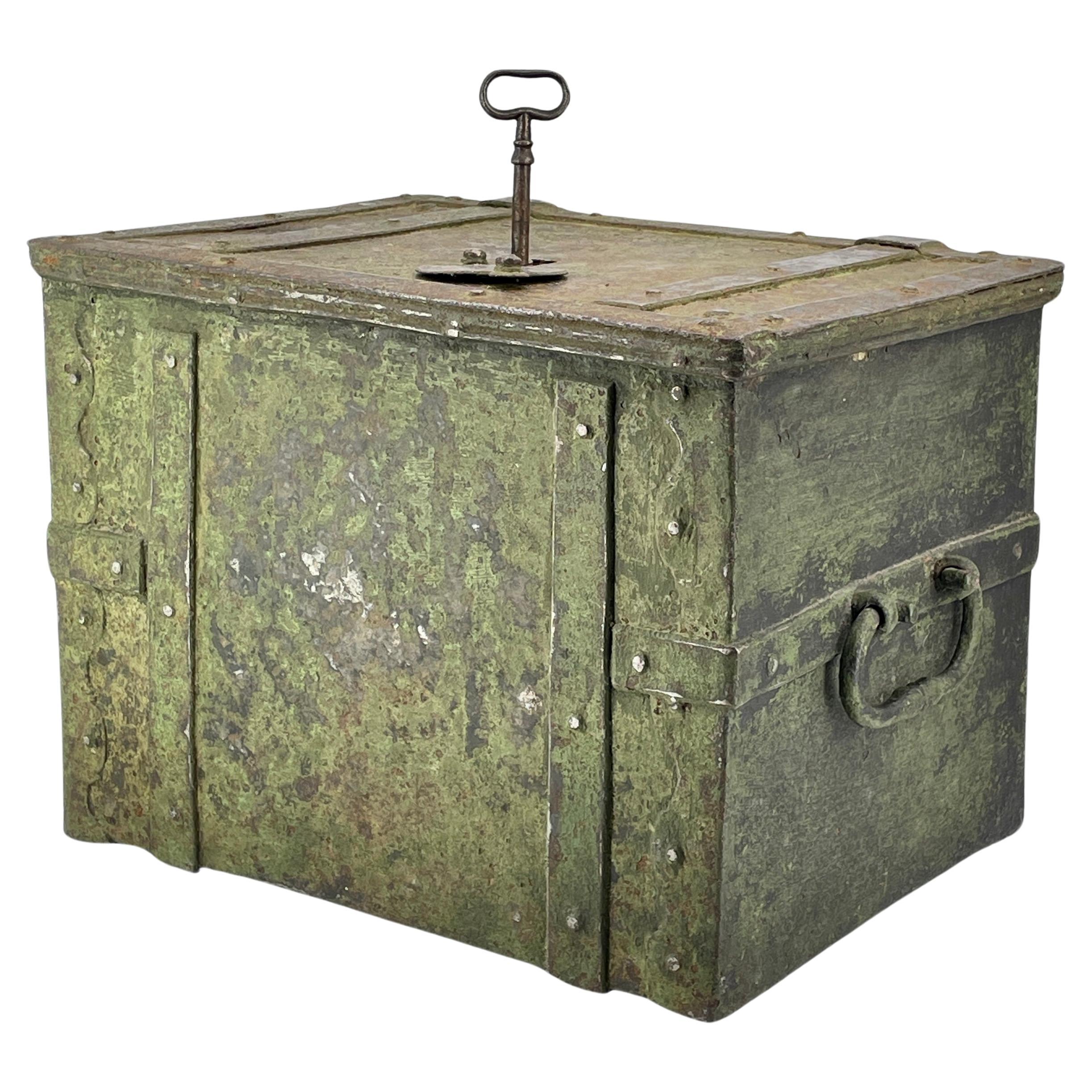1700s Colonial Hand-Forged Strongbox Verdigris Green Jewelry Table Chest Safe