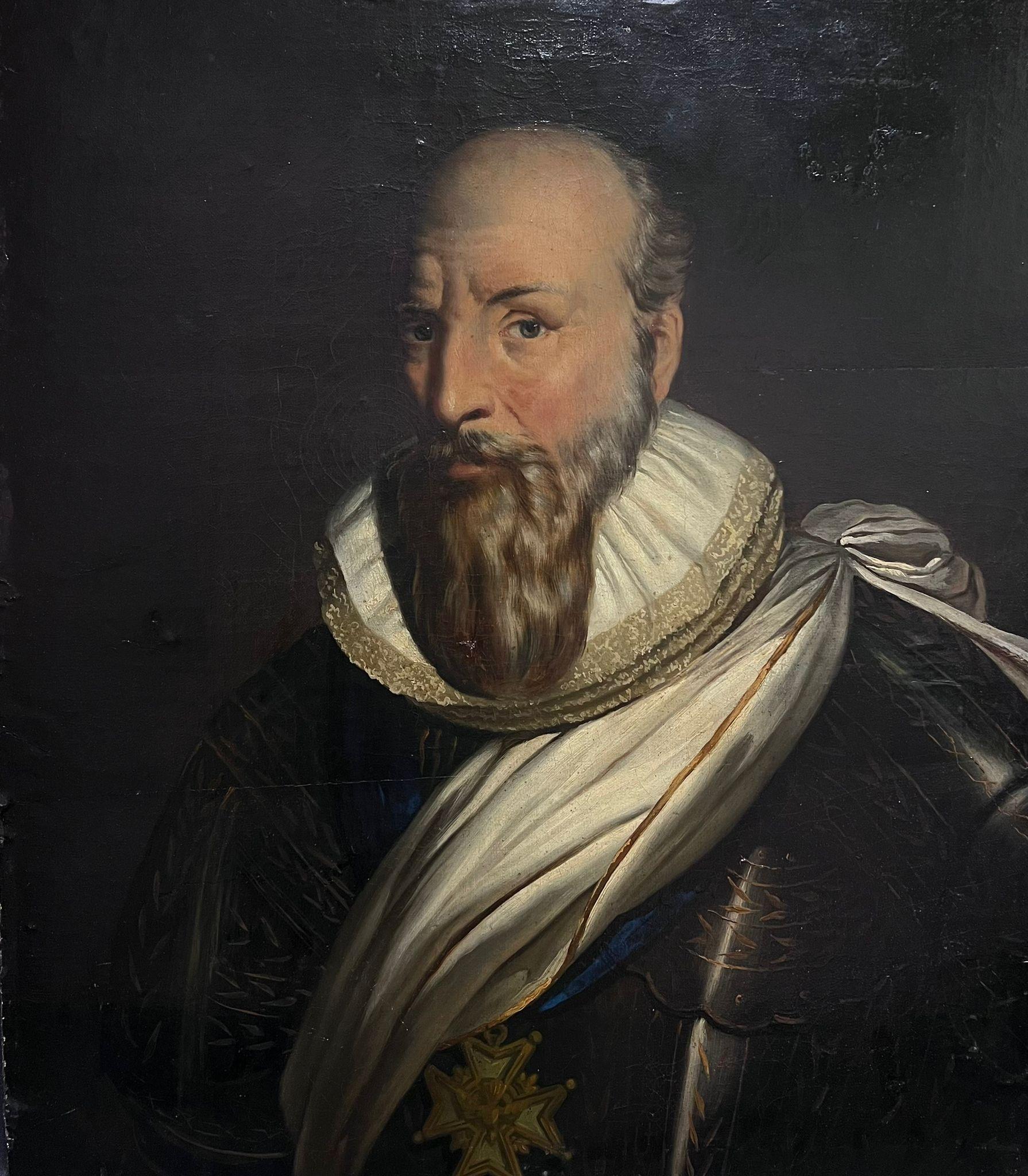 Pregevole dipinto ad olio olandese Old Master di grandi dimensioni che ritrae un gentiluomo in abito con colletto a balze - Painting di 1700's Dutch Old Master