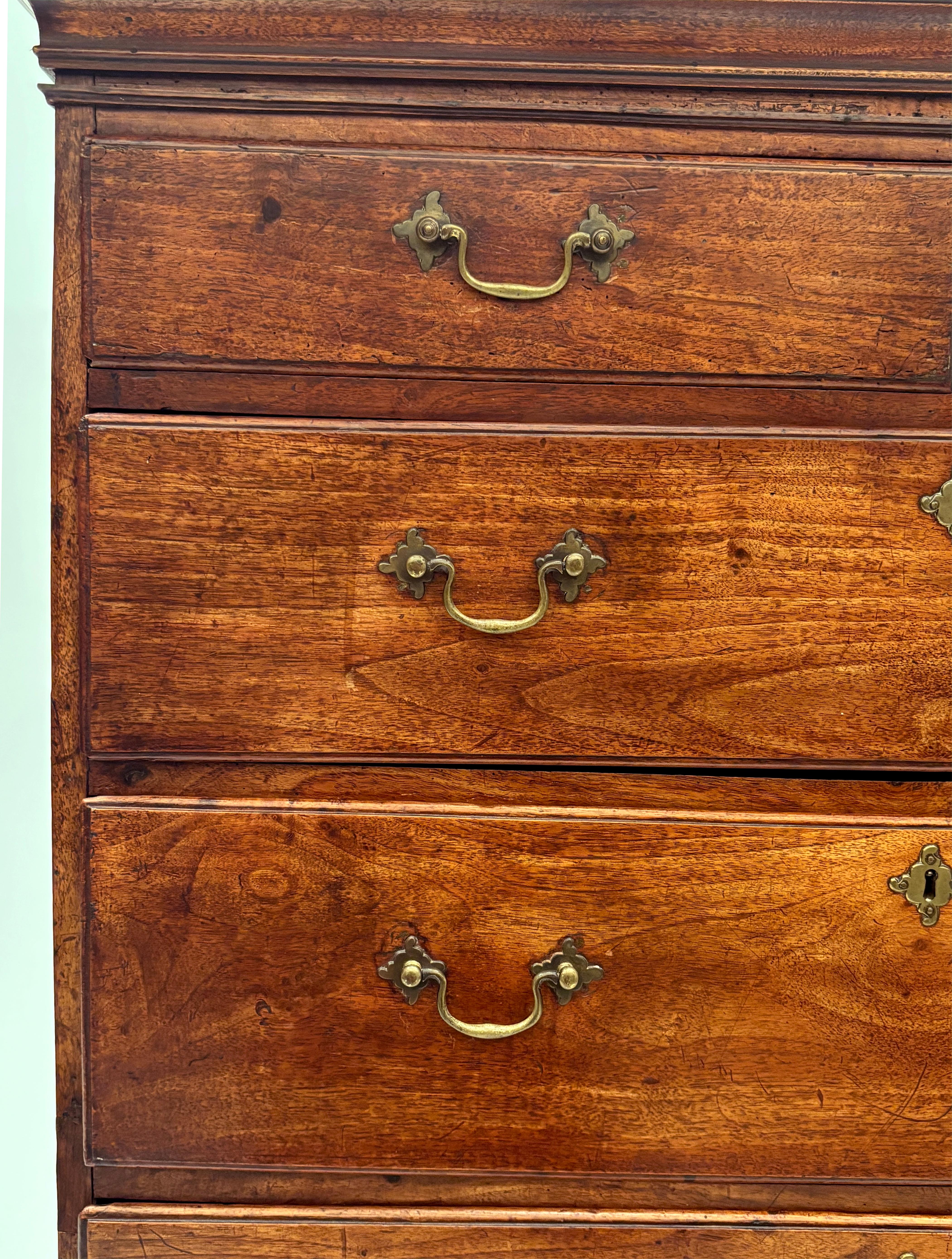 Brass 1700's English George II Walnut Chest of Drawers (2 pc.) For Sale