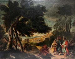 Large Antique Old Master Oil Painting Figures at Roadside Travelling  Landscape