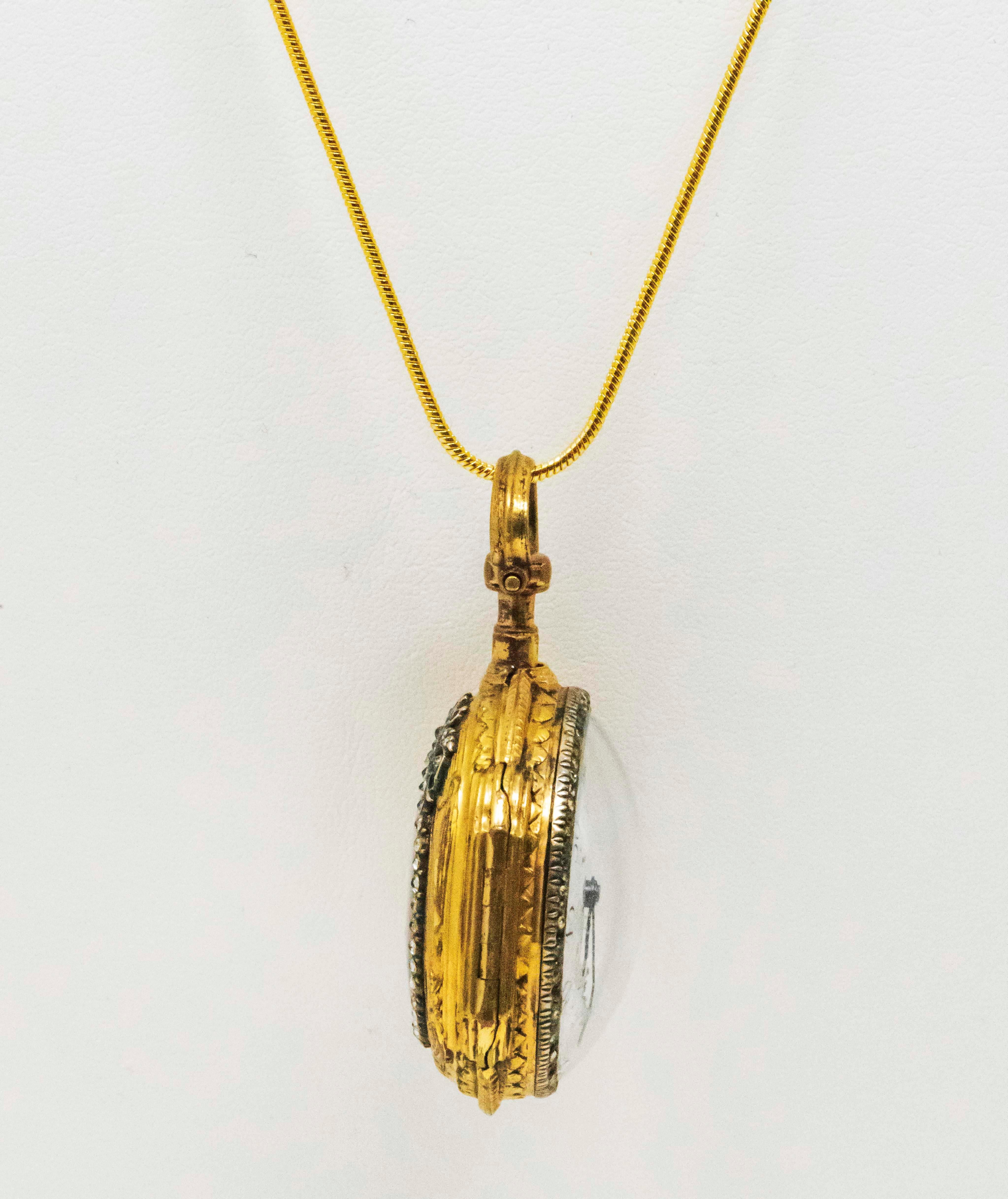 1700s French Leroy 18kt Gold, Diamond, & Enamel Royal Lady Motif Pendant Watch 2