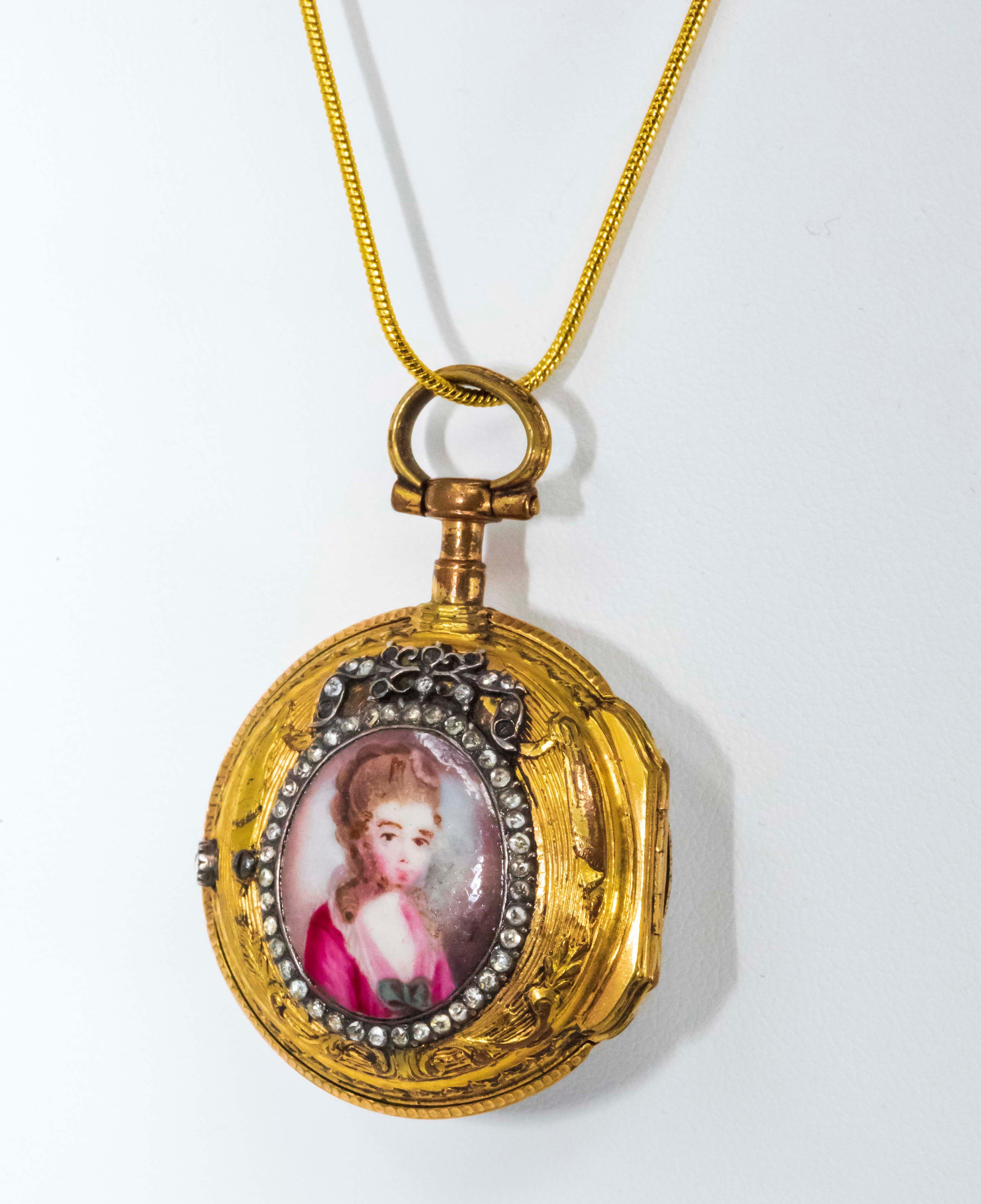 1700s French Leroy 18kt Gold, Diamond, & Enamel Royal Lady Motif Pendant Watch 3