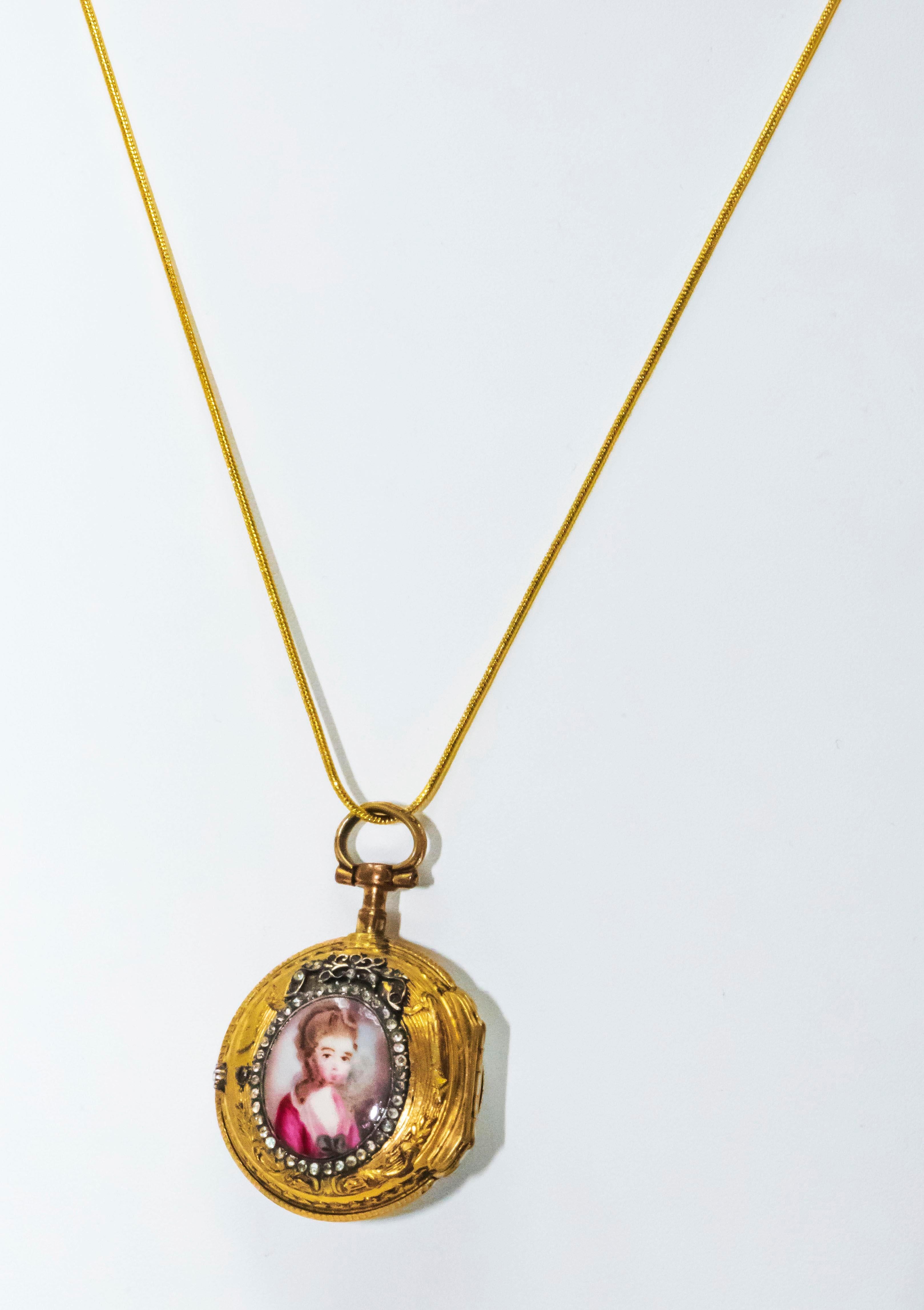 1700s French Leroy 18kt Gold, Diamond, & Enamel Royal Lady Motif Pendant Watch 5