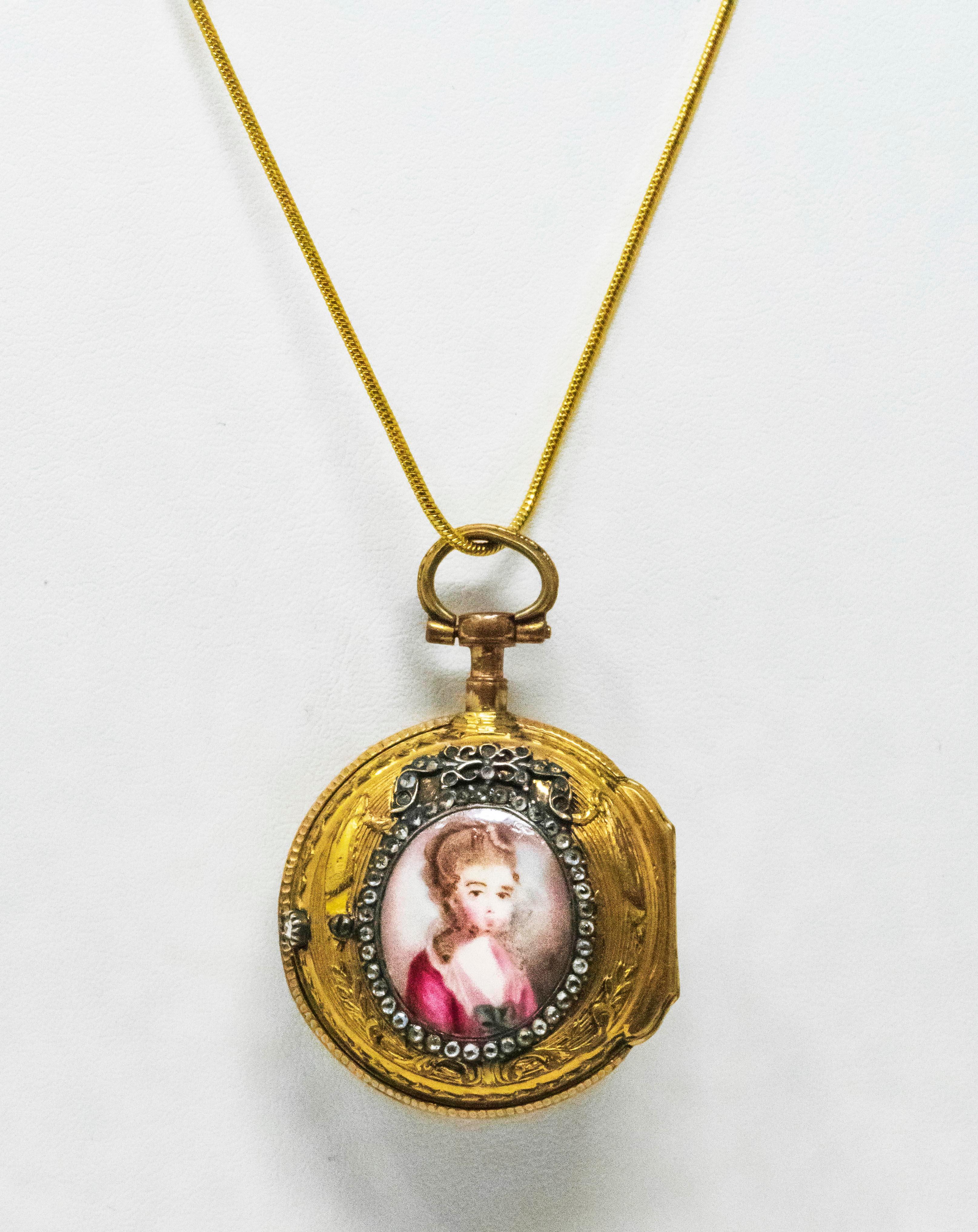 1700s French Leroy 18kt Gold, Diamond, & Enamel Royal Lady Motif Pendant Watch 6