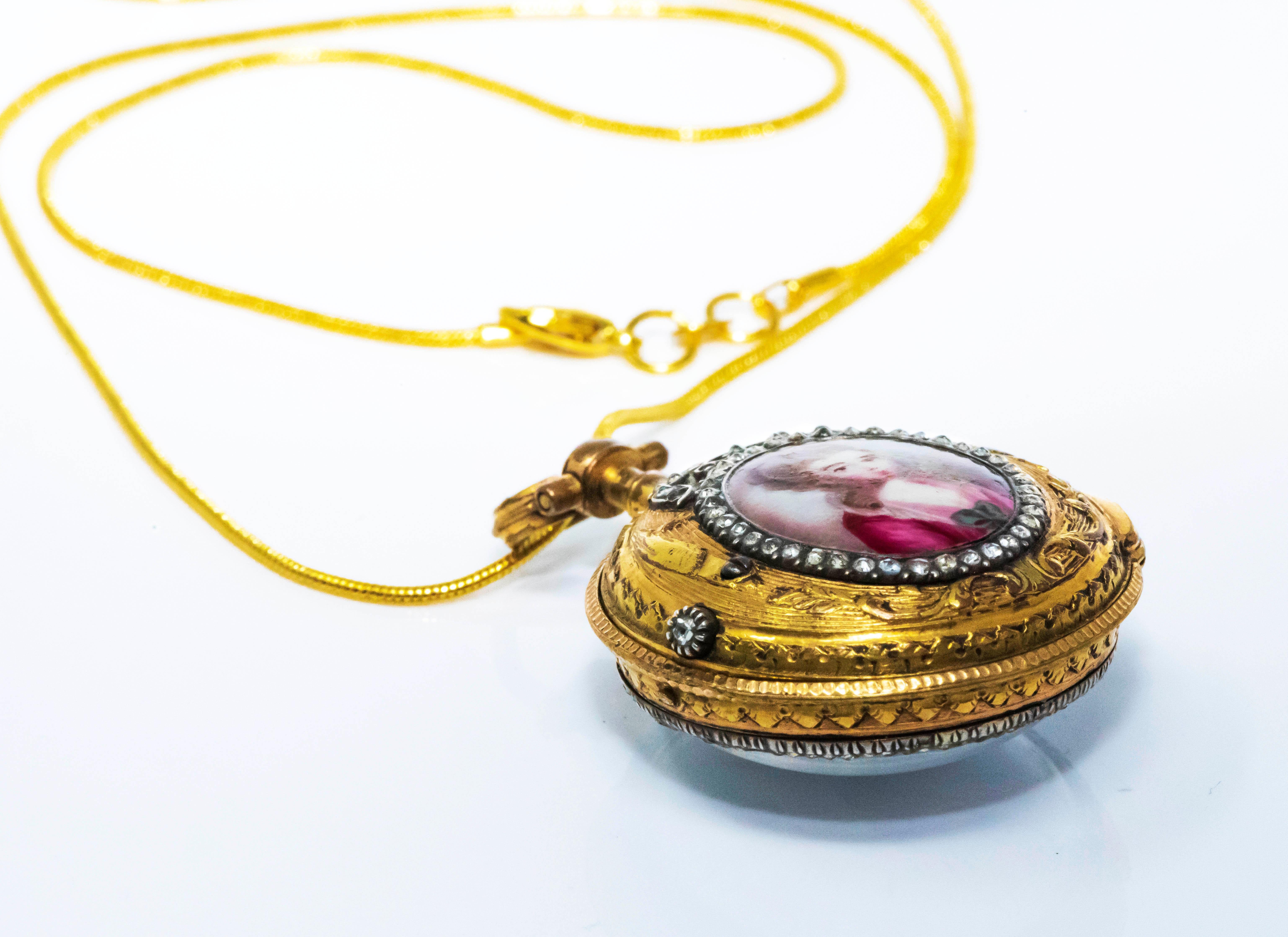 Rose Cut 1700s French Leroy 18kt Gold, Diamond, & Enamel Royal Lady Motif Pendant Watch