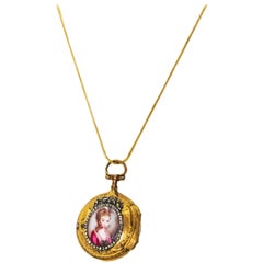 montre française des années 1700 à pendentifs Leroy en or 18kt:: diamants:: & émail motif Royal Lady